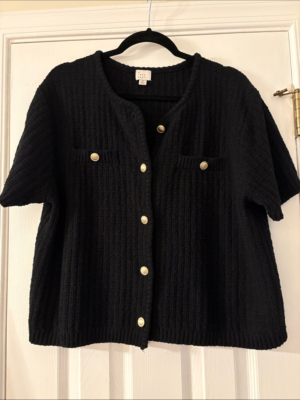 a new day Black Textured Short-Sleeve Cardigan with Gold Buttons
